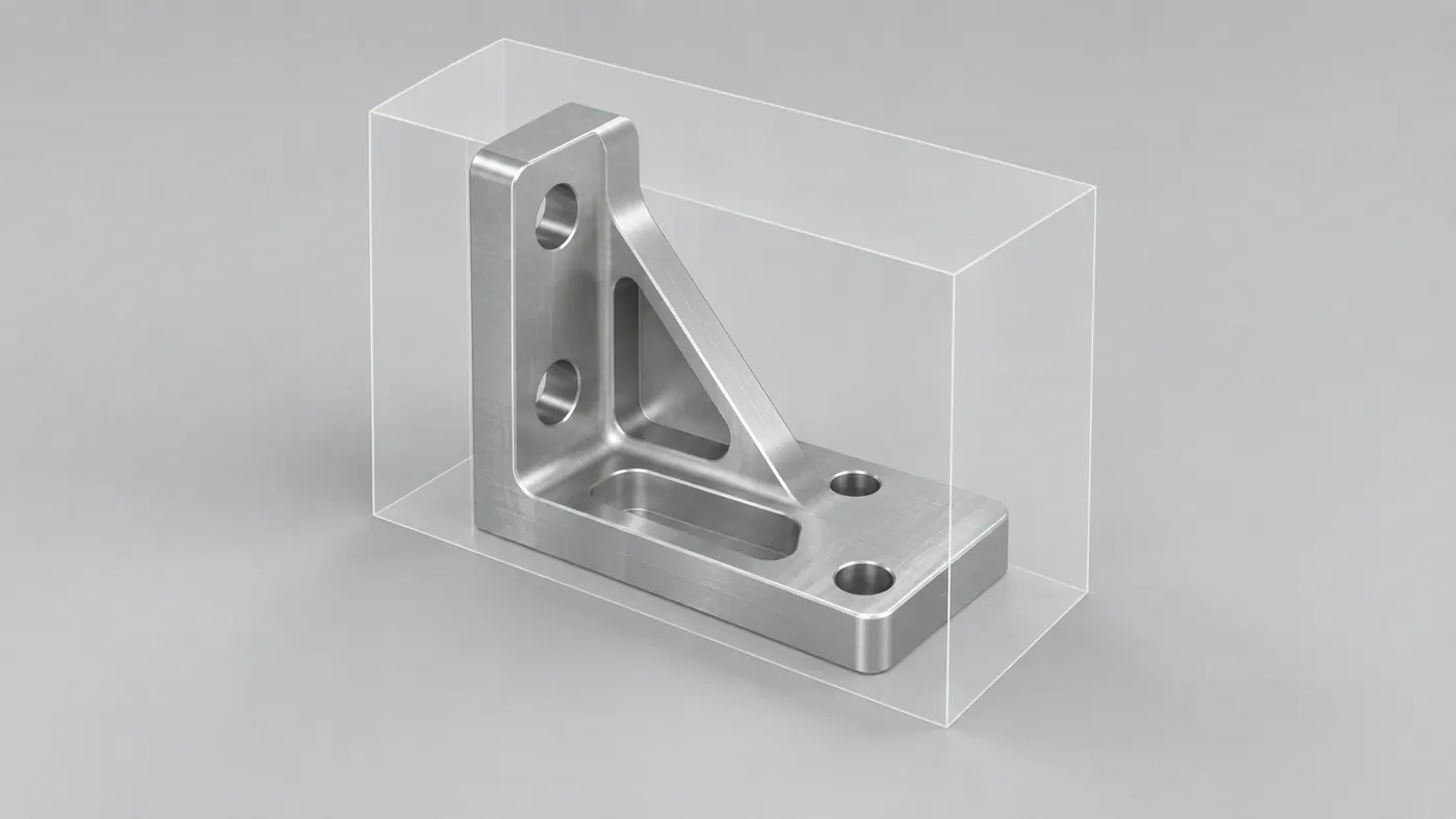 A machined titanium bracket inside a clear block showing the rectangle it was cut from
